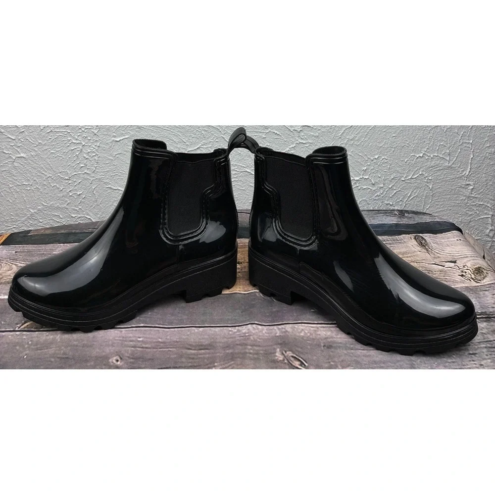 Capelli New York Womens Rain Boots Size 6 Black Patent Chelsea Ankle Boots
